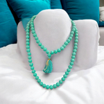 Turquoise Mala with 8MM natural turquoise beads, featuring guru bead and tassel, available in 27+1 and 108+1 bead variants