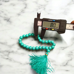 Turquoise Mala with 8MM natural turquoise beads, featuring guru bead and tassel, available in 27+1 and 108+1 bead variants