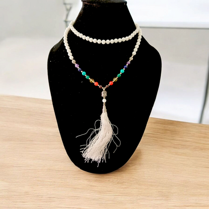 White Agate Mala with 7 Chakra Beads | Lab Certified Astrologer Mala | Malawala