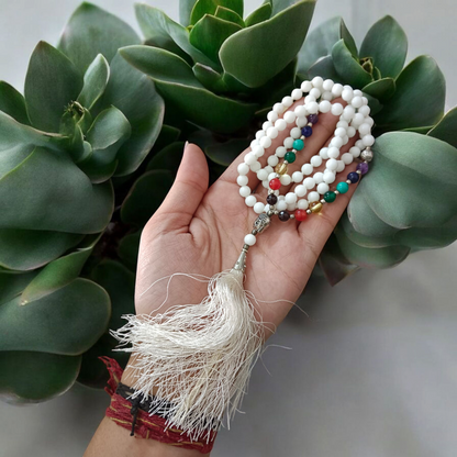 White Agate Mala with 7 Chakra Beads | Lab Certified Astrologer Mala | Malawala