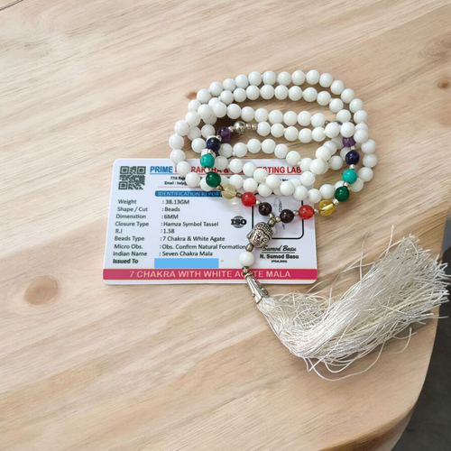 White Agate Mala with 7 Chakra Beads | Lab Certified Astrologer Mala | Malawala