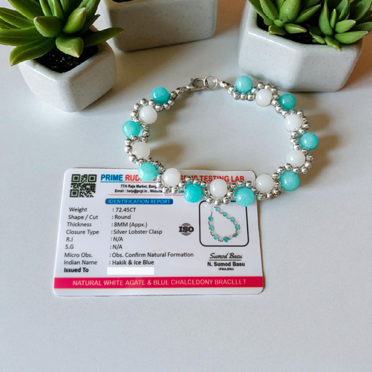 White Agate and Blue Chalcedony Bracelet | Lab Certified Genuine White Agate and Coconut Chalcedony Bracelet - Malawala