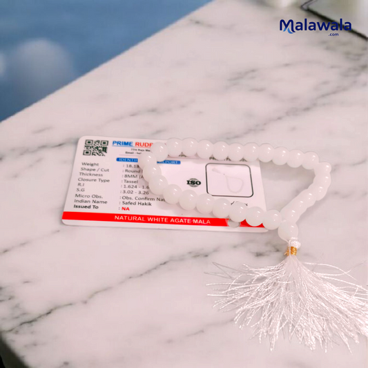 White Hakik Mala 8MM - Natural White Agate for Peace & Clarity with Lab Certificate - Malawala