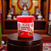 White, Yellow, and Red Chandan Tilak paste in eco-friendly containers for forehead application during pujas and meditation