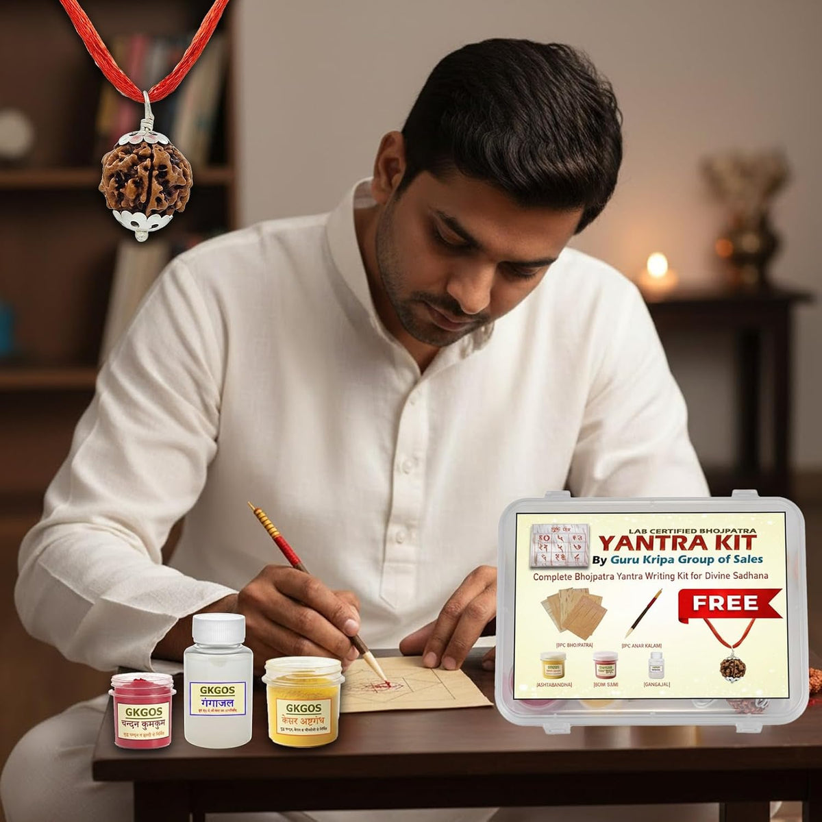 Yantra Writing Kit with Natural Bhojpatra Sheets, Anar Kalam, Kesar Kumkum, Kesar Ashtagandha, Gangajal and Lab-Certified Rudraksha Pendant by Malawala