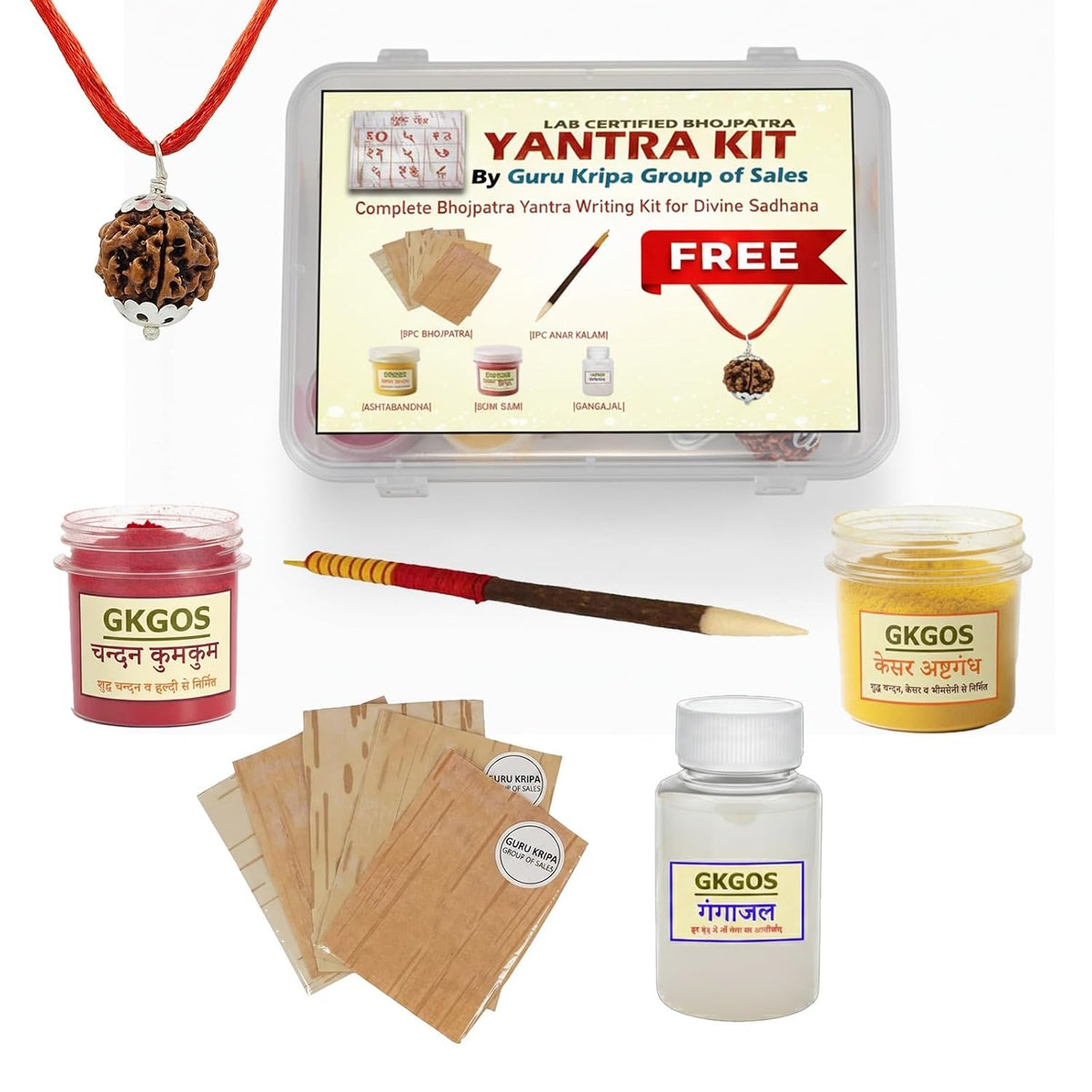 Yantra Writing Kit with Natural Bhojpatra Sheets, Anar Kalam, Kesar Kumkum, Kesar Ashtagandha, Gangajal and Lab-Certified Rudraksha Pendant by Malawala