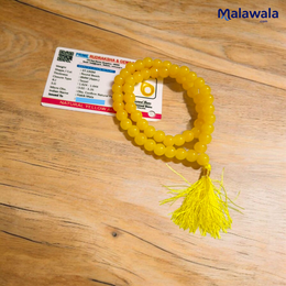 Yellow Agate Mala with 54+1 hand-knotted 8 mm beads, featuring vibrant yellow tones and a traditional guru bead, ideal for meditation and healing
